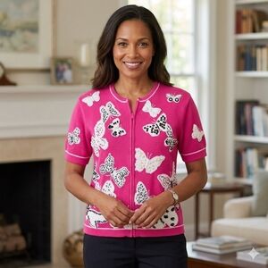 Susan Bristol Pink Butterfly’s Cardigan Sweater Size Large Vtg